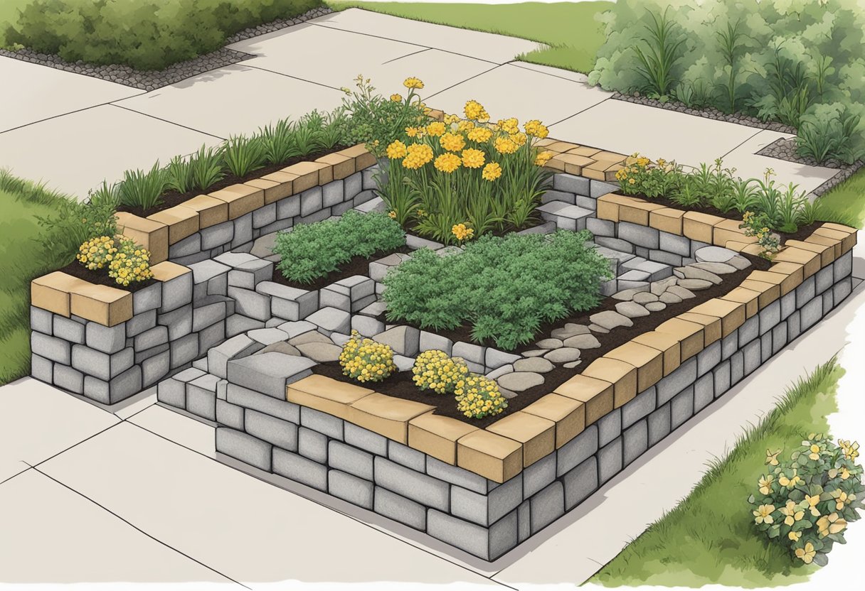 Pavers arranged in a square, stacked to create a raised flower bed. Soil fills the space, ready for planting