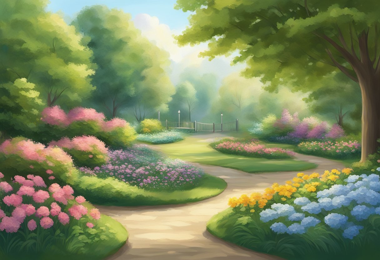 A serene garden with a pathway leading to a peaceful, sunlit clearing. Surrounding the area are tall, strong trees, and colorful flowers in full bloom. The atmosphere is one of calm and tranquility, perfect for reflection and prayer