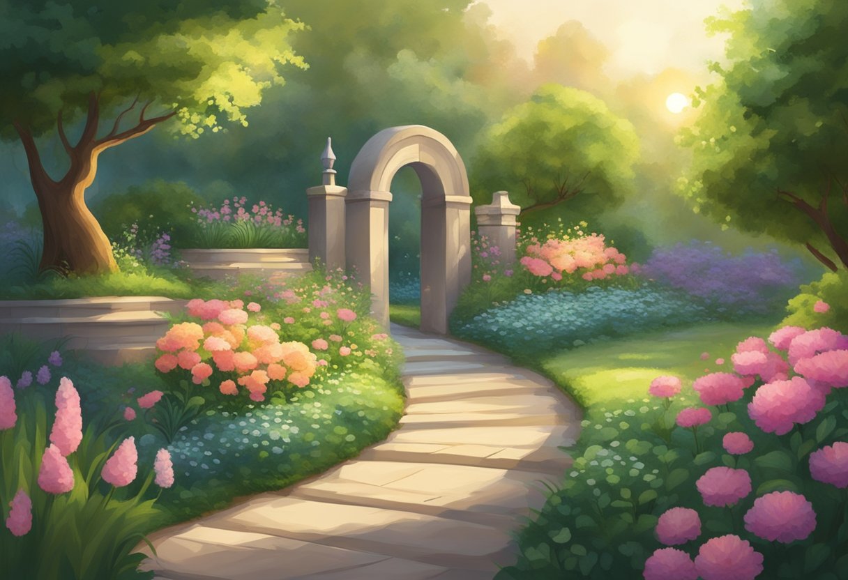 A serene garden with a pathway leading to a glowing, ethereal light. Lush greenery and blooming flowers surround the area, creating a sense of peace and tranquility