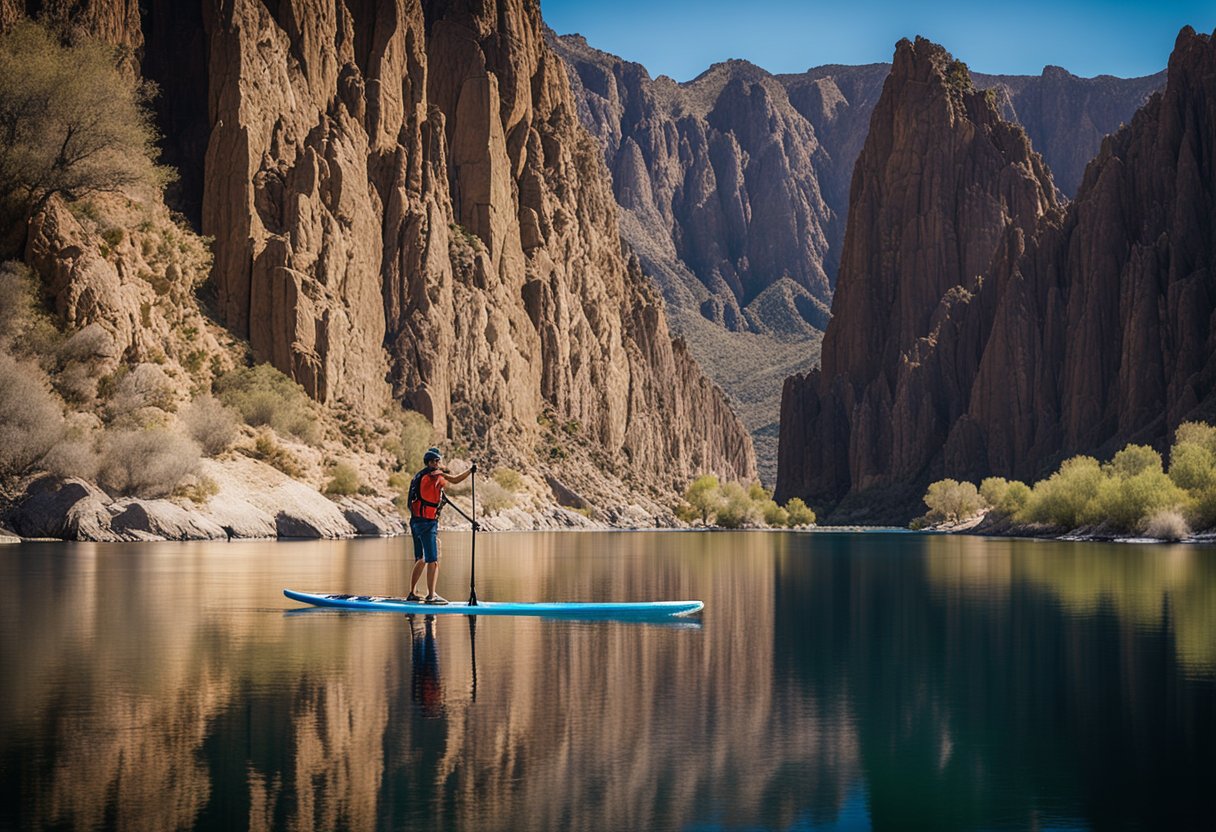 A paddleboard glides on the calm waters of Black Canyon, Nevada, with towering rock formations in the background