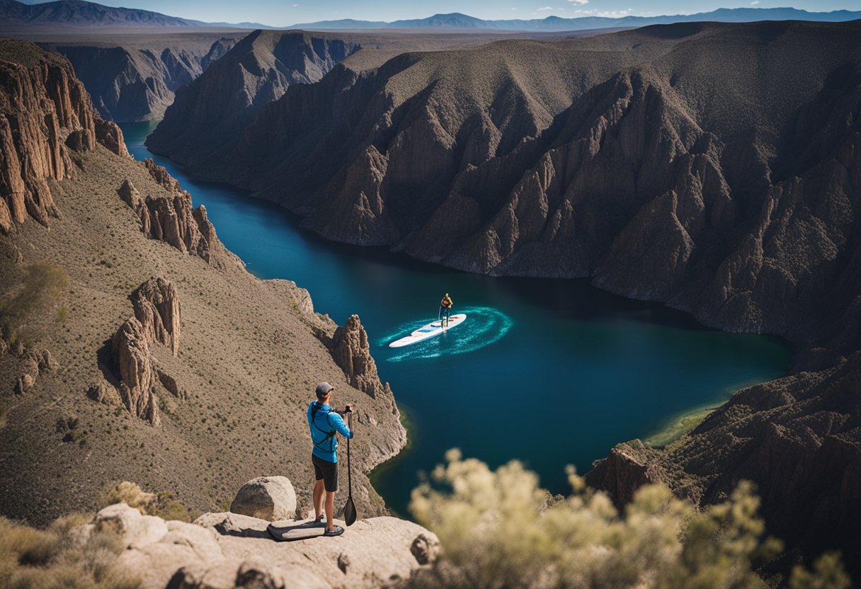 A person stands at the edge of the Black Canyon in Nevada, holding a SUP board and permits, ready to embark on a paddleboarding adventure