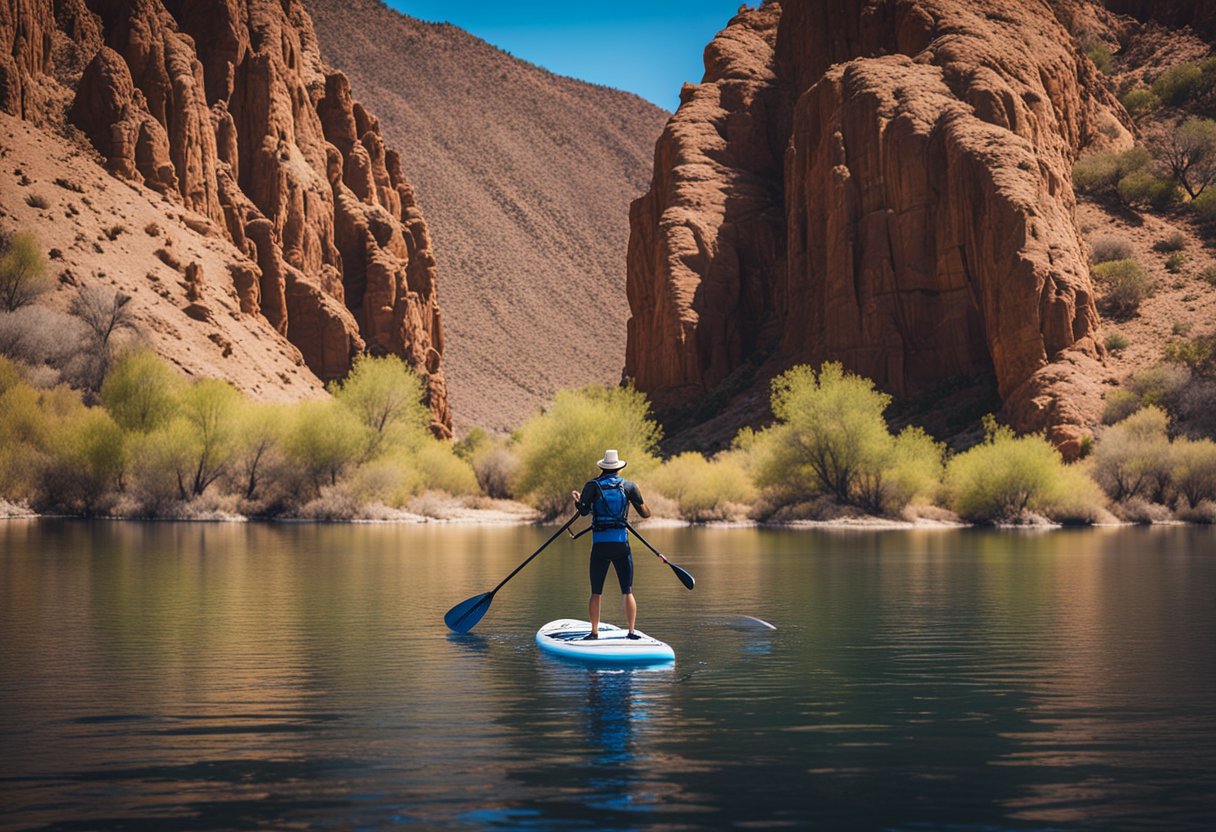 A stand-up paddleboard floats on calm water in Black Canyon, Nevada. The surrounding landscape features red rock formations and desert vegetation, with a clear blue sky above