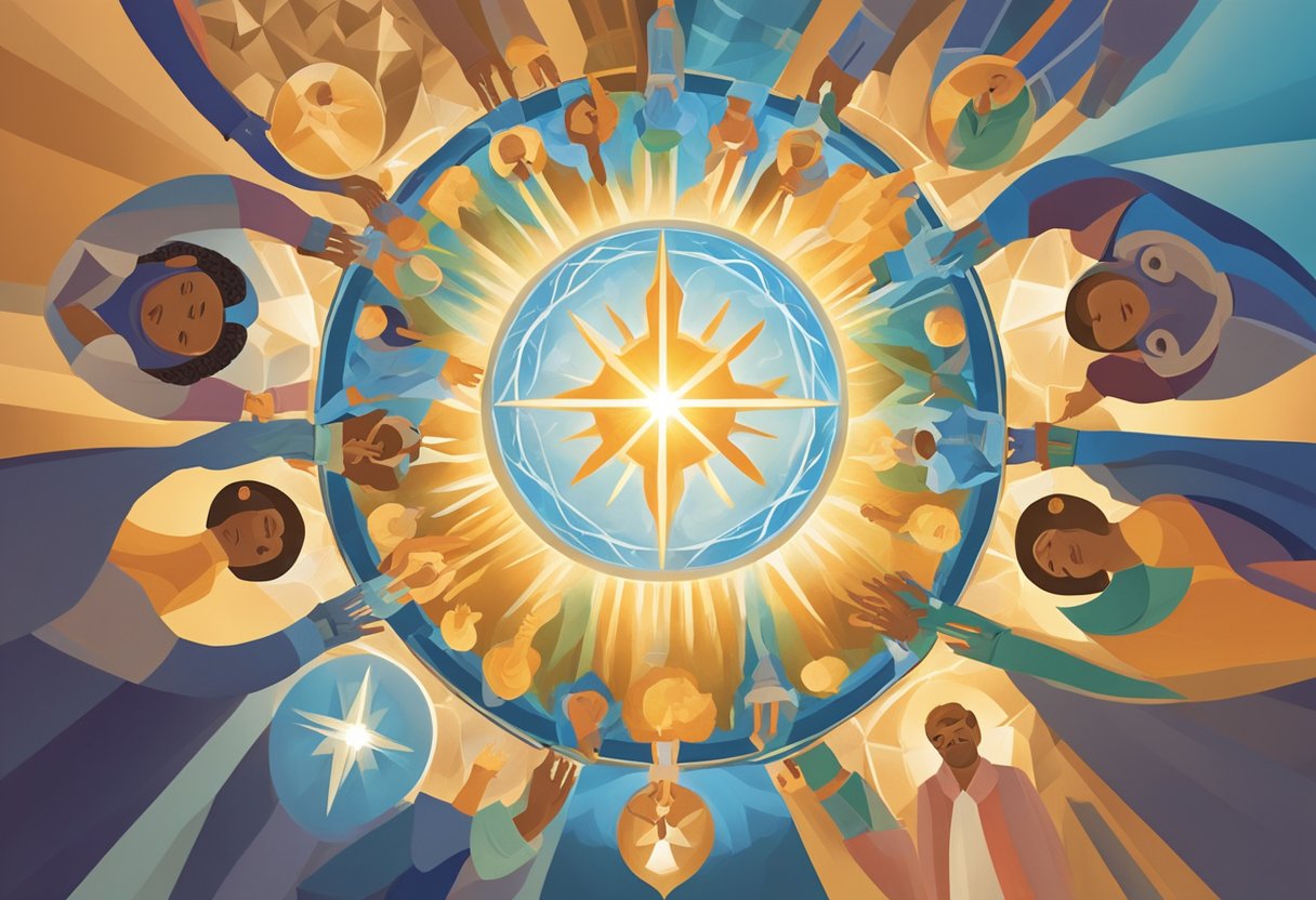 A group of diverse religious symbols coming together in a circle, surrounded by rays of light, representing unity and reconciliation among believers