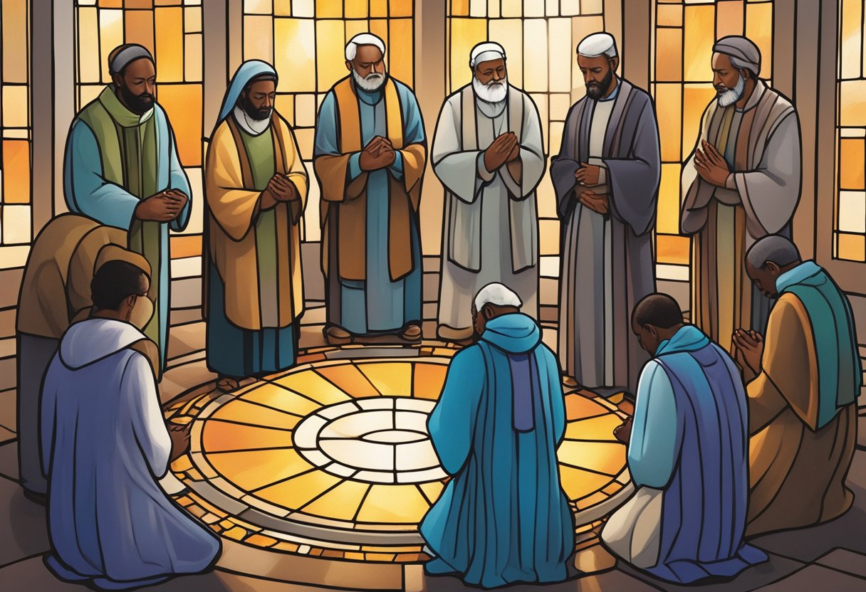 Believers from diverse backgrounds gather in a circle, heads bowed in prayer. Light streams in through stained glass windows, casting a warm glow over the group. Symbols of different faiths are subtly incorporated into the architecture, emphasizing the theme of unity and