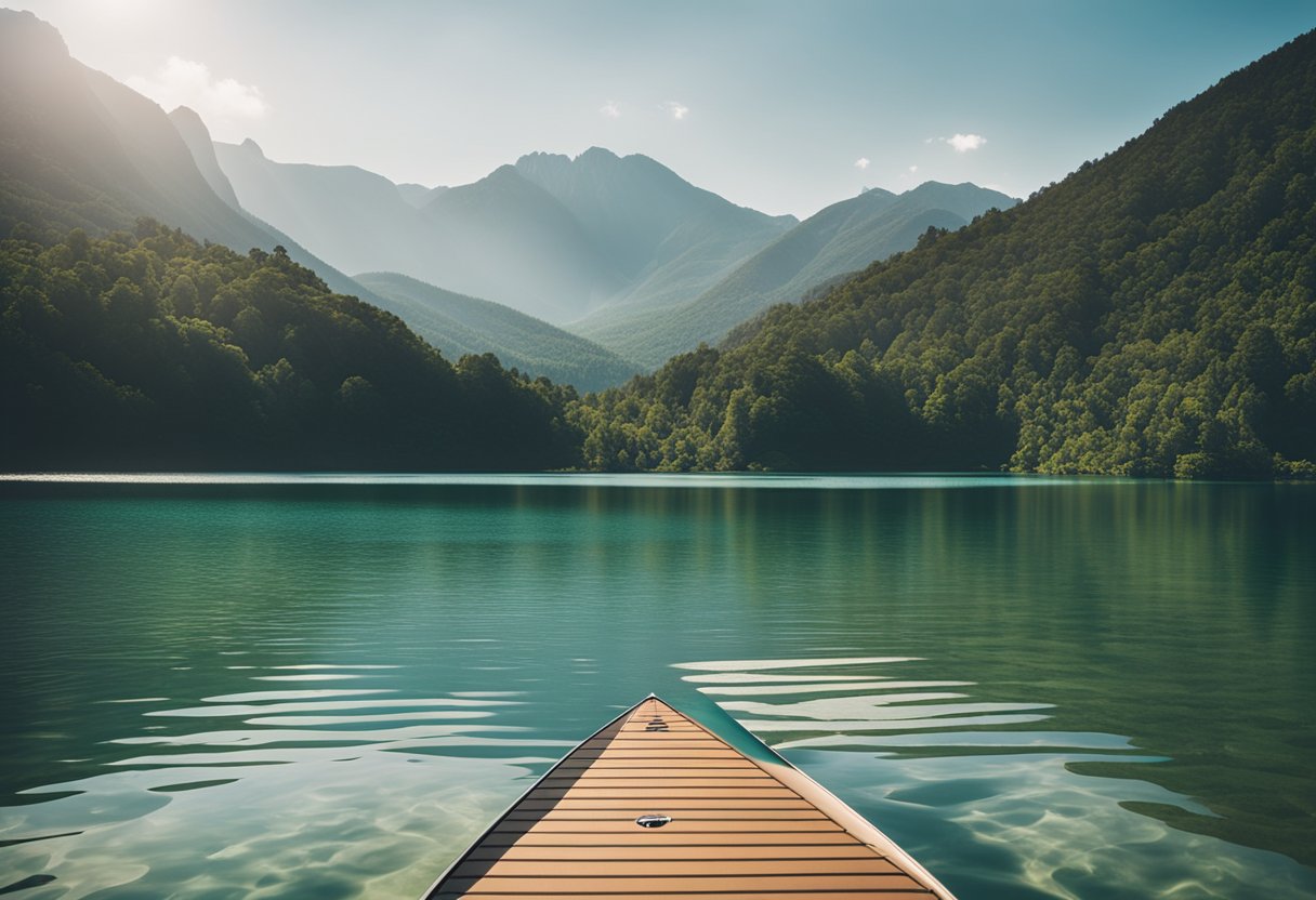 A serene lake with a SUP board floating on calm water, surrounded by lush greenery and towering mountains in the background