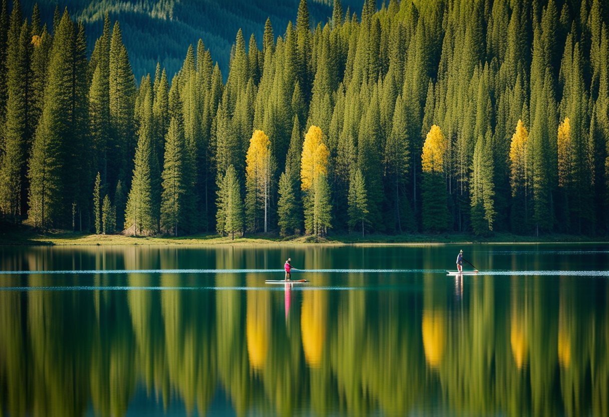 People paddleboarding on Little Molas Lake in Silverton, Colorado. The lake is surrounded by lush greenery and snow-capped mountains
