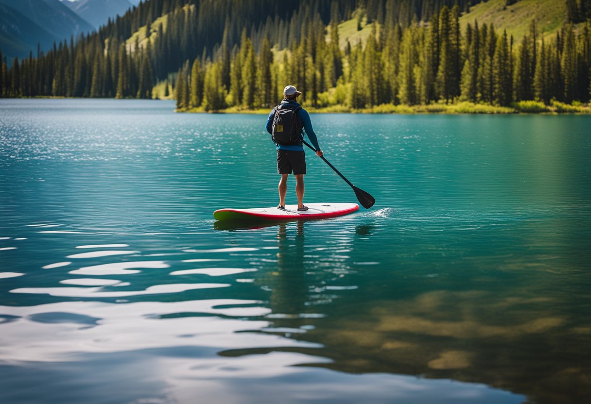 A person paddles a SUP board on Little Molas Lake in Silverton, Colorado, surrounded by mountains and clear blue water