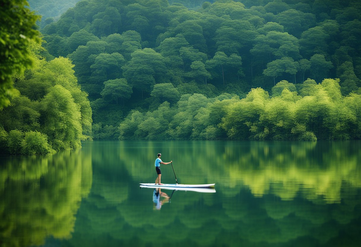 A serene lake surrounded by lush greenery, with wildlife such as birds and fish. A stand-up paddleboard floats peacefully on the water
