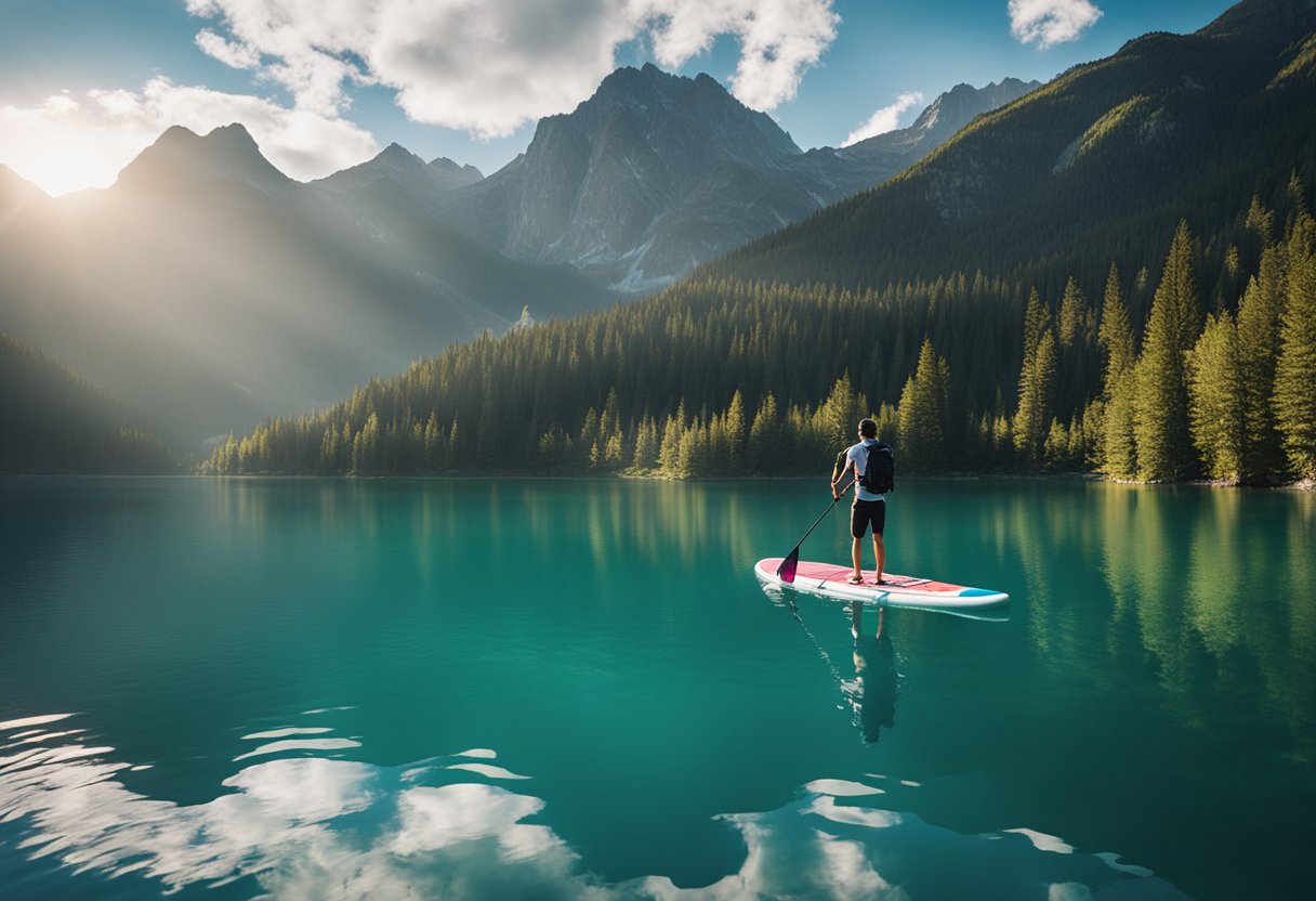 Crystal clear lake surrounded by towering mountains. A person stands on a SUP board, following safety guidelines. Sunlight glistens on the water
