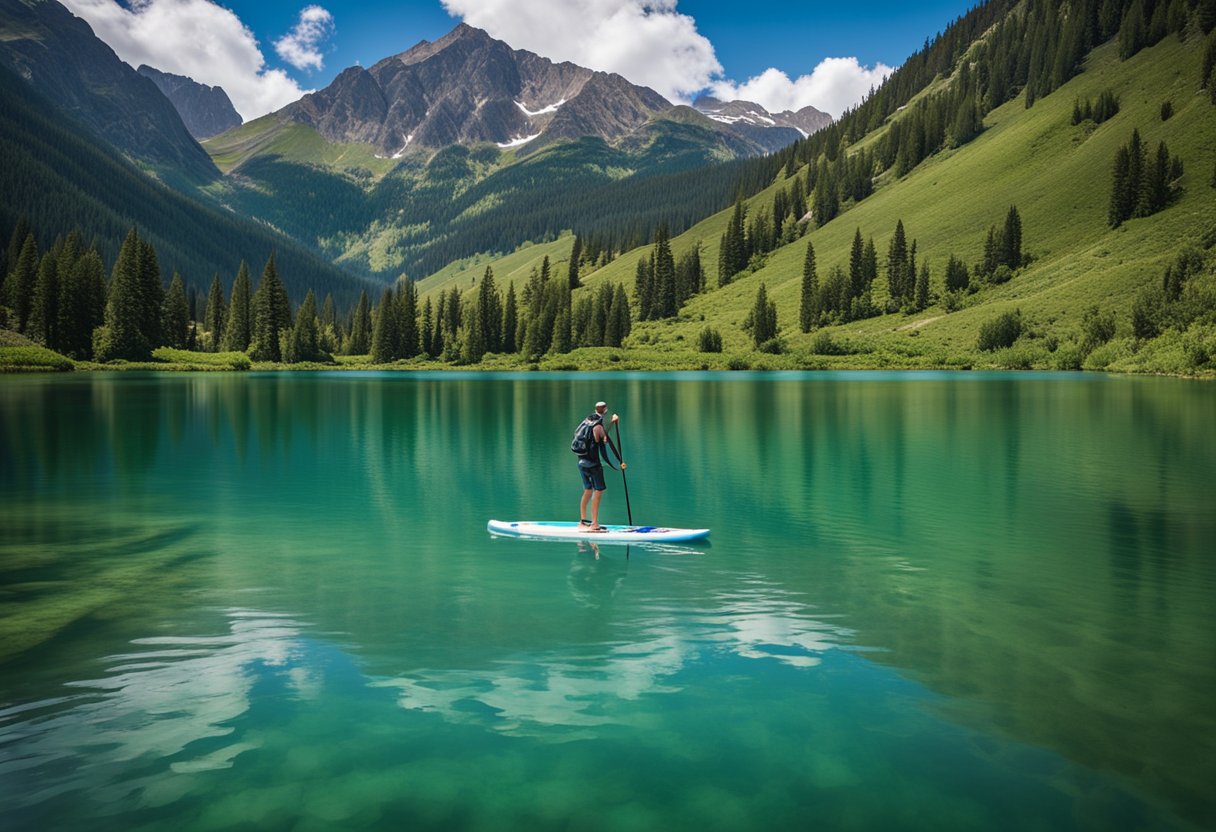 Crystal-clear lake surrounded by lush greenery and towering mountains. A SUP board glides across the serene water, with a backdrop of the picturesque Silverton, Colorado
