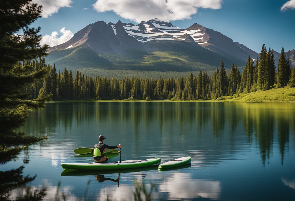 A serene lake surrounded by lush greenery and distant mountains, with a stand-up paddleboard resting on the tranquil waters of Little Molas Lake in Silverton, Colorado