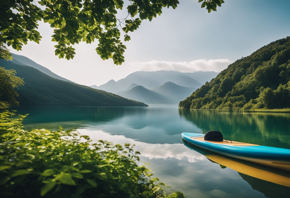 A serene lake surrounded by lush greenery, with a paddleboard resting on the calm waters, and mountains in the distance