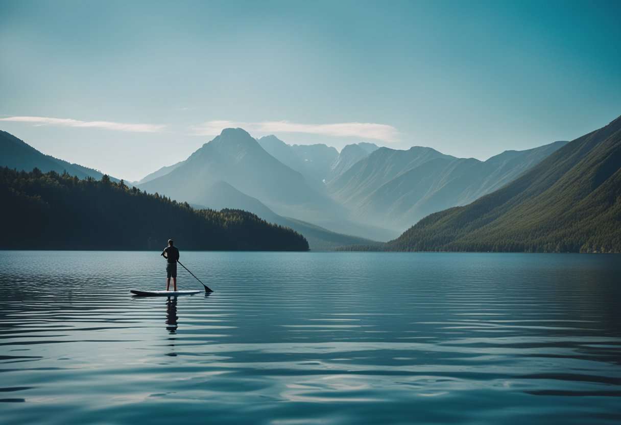A serene lake surrounded by mountains, with a stand-up paddleboard floating on the calm water. The sky is clear, reflecting the vibrant colors of the landscape