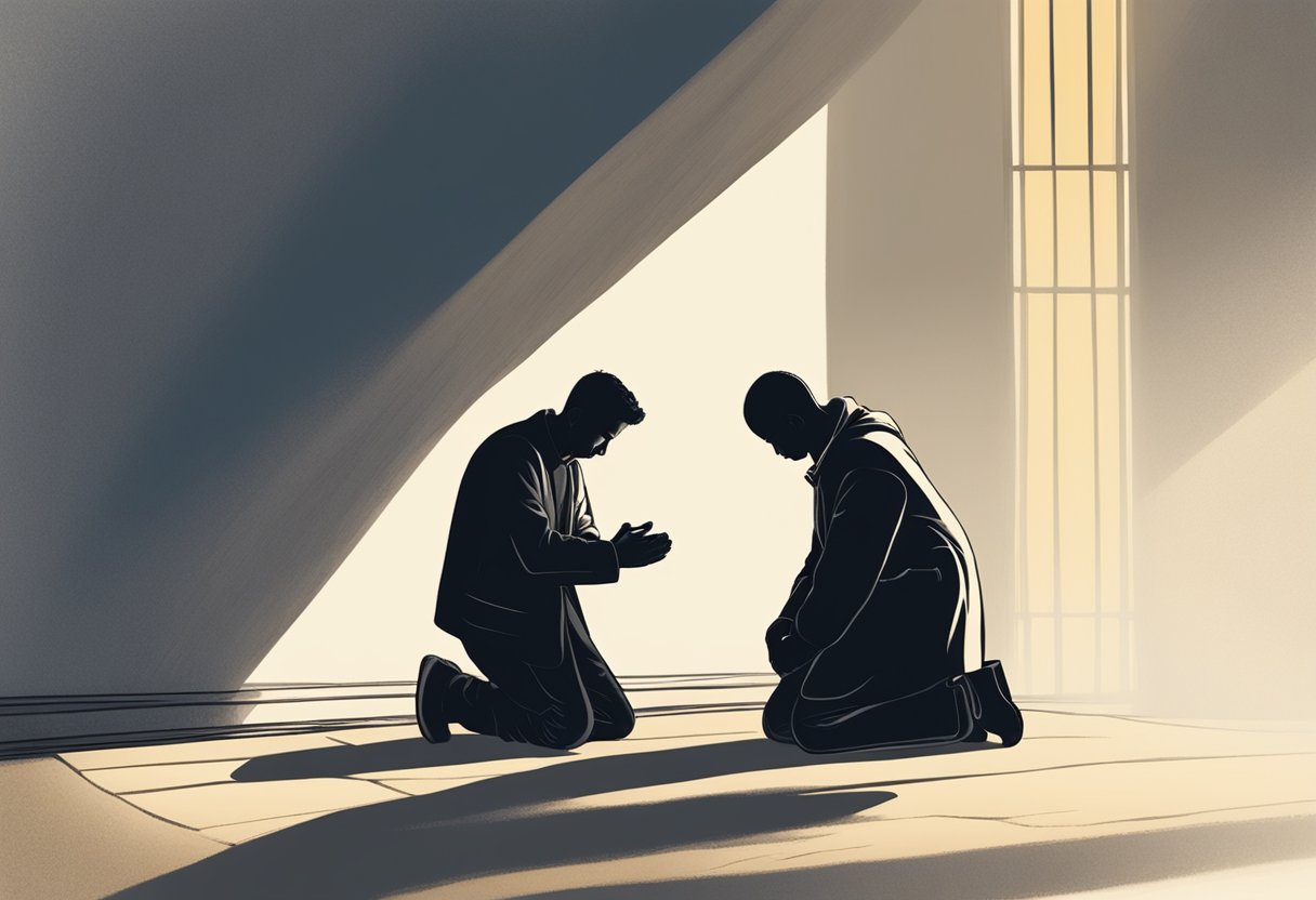 A person kneeling in a beam of light, surrounded by shadows, with their head bowed and hands clasped in prayer. A sense of hope and encouragement emanates from the scene