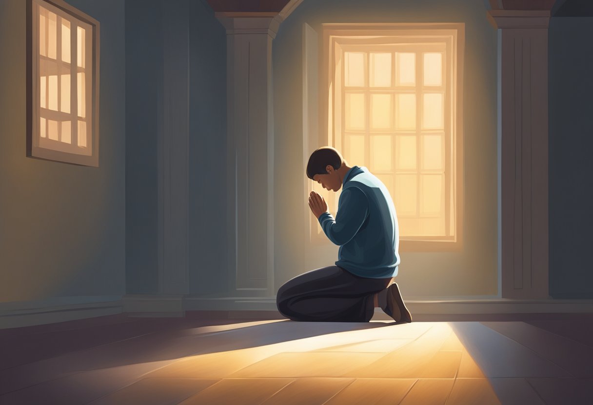 A solitary figure kneels in a dimly lit room, head bowed in prayer. A faint glimmer of light shines through a small window, symbolizing hope in the midst of hardship