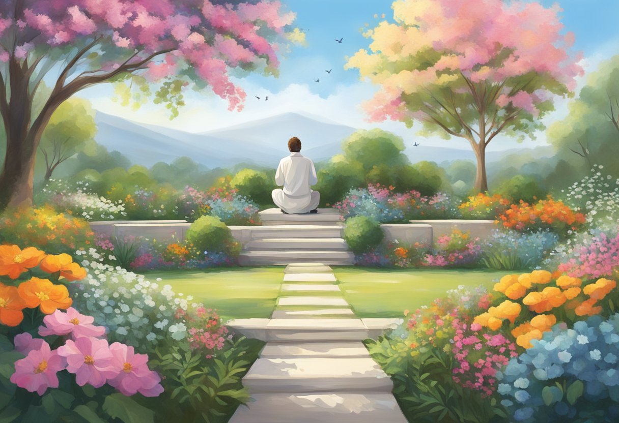 A serene garden with vibrant flowers and a clear sky, a person kneeling in prayer, surrounded by uplifting scriptures and notes of encouragement