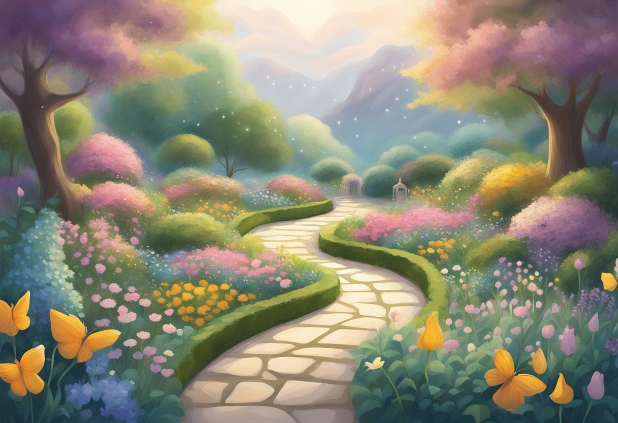 A serene garden with a winding path leading to a glowing, ethereal figure representing divine guidance. Surrounding the figure are symbols of parenthood and family