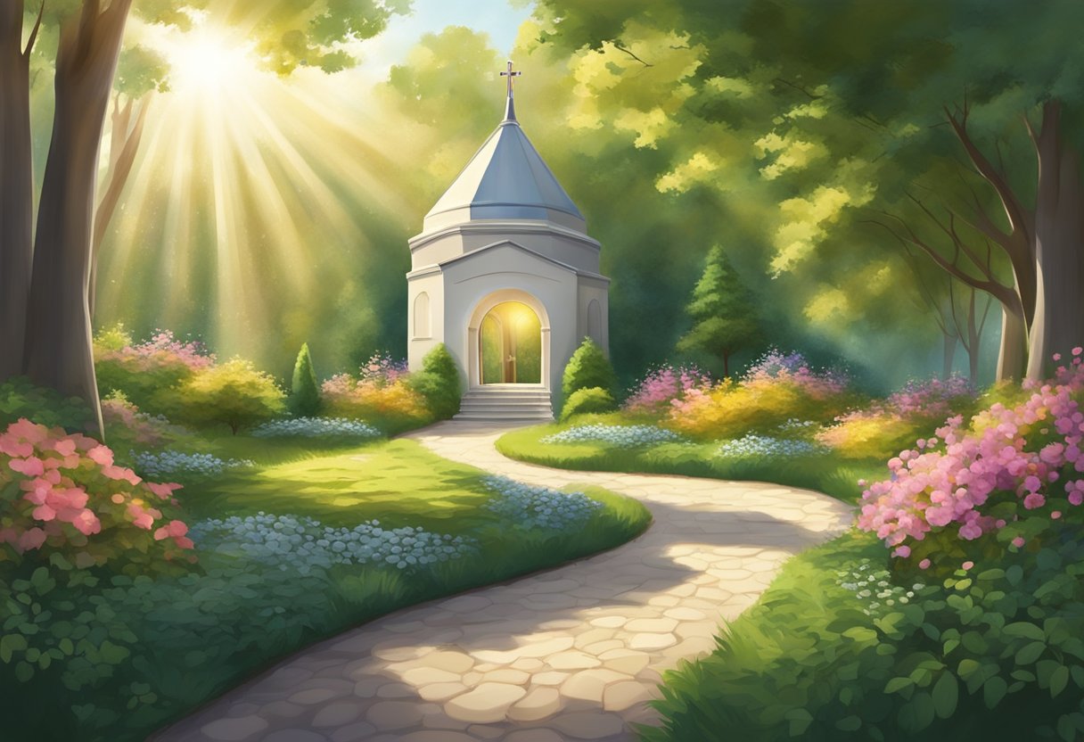 A serene garden with a path leading to a small, peaceful chapel nestled among tall trees, with rays of sunlight breaking through the branches