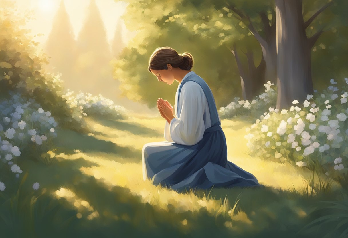 A figure kneels in a peaceful garden, head bowed in prayer. The soft glow of sunlight filters through the trees, creating a sense of serenity and hope