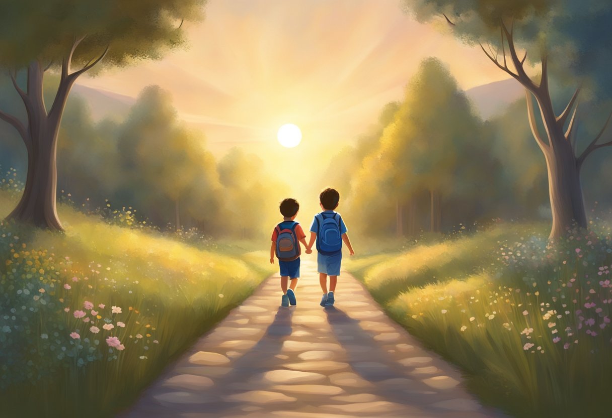 Children walking along a path with a guiding light leading them forward, surrounded by a peaceful and serene atmosphere