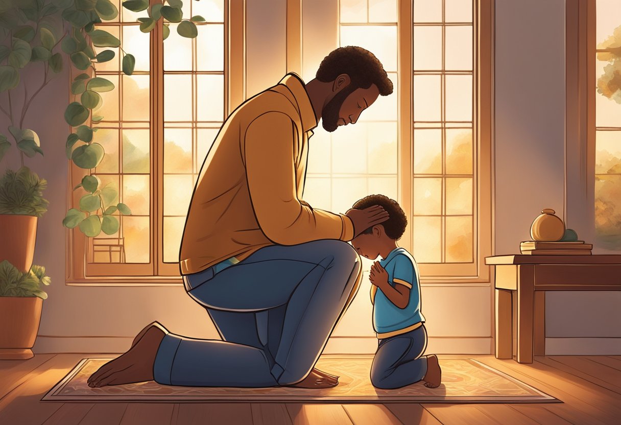 A parent kneels in prayer, surrounded by a warm glow of divine support. The scene exudes a sense of peace and guidance in the midst of parenting challenges