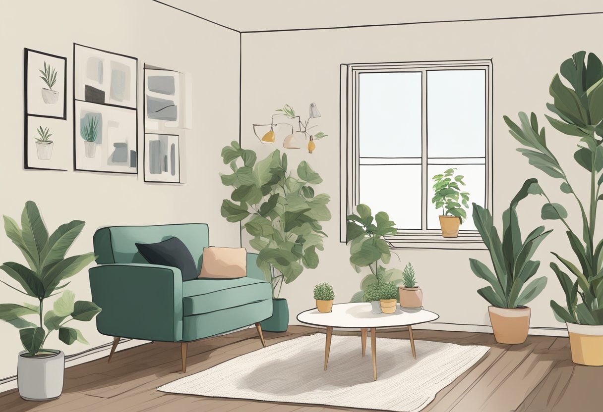 A serene, clutter-free room with a cozy reading nook, a potted plant, and a simple, unadorned quote about minimalist living on the wall minimalist quotes about life
