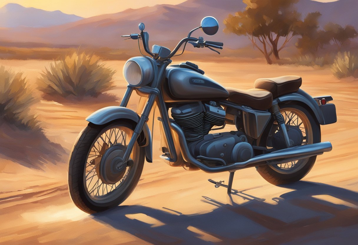 A motorcycle parked on a dusty road, with a bottle of primary oil placed next to it. The sun is setting, casting a warm glow on the scene