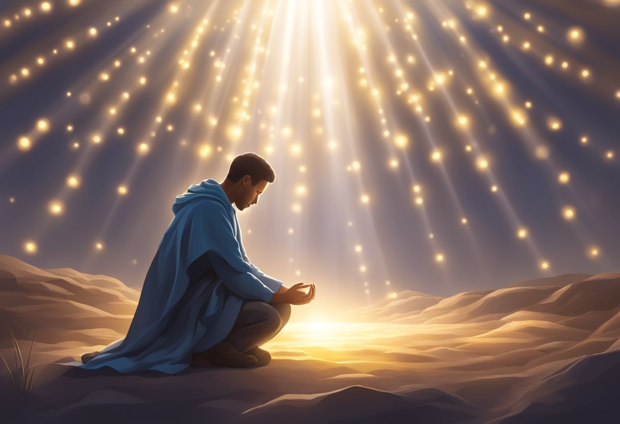 A figure kneels in prayer, surrounded by 50 glowing points representing breakthrough in ministry. Rays of light shine down, illuminating the scene