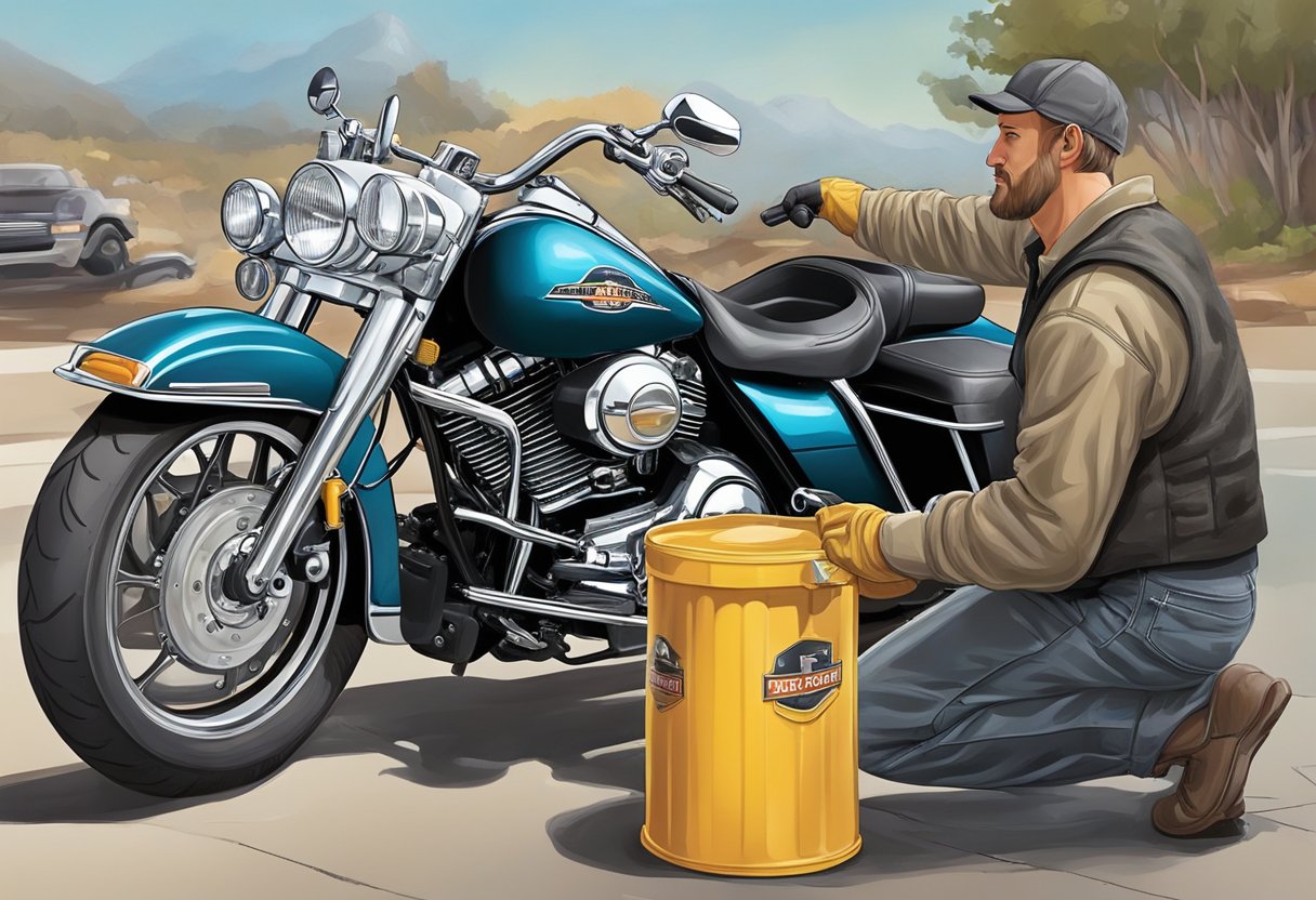 A mechanic drains old oil, replaces filter, and adds new oil to a Road King motorcycle