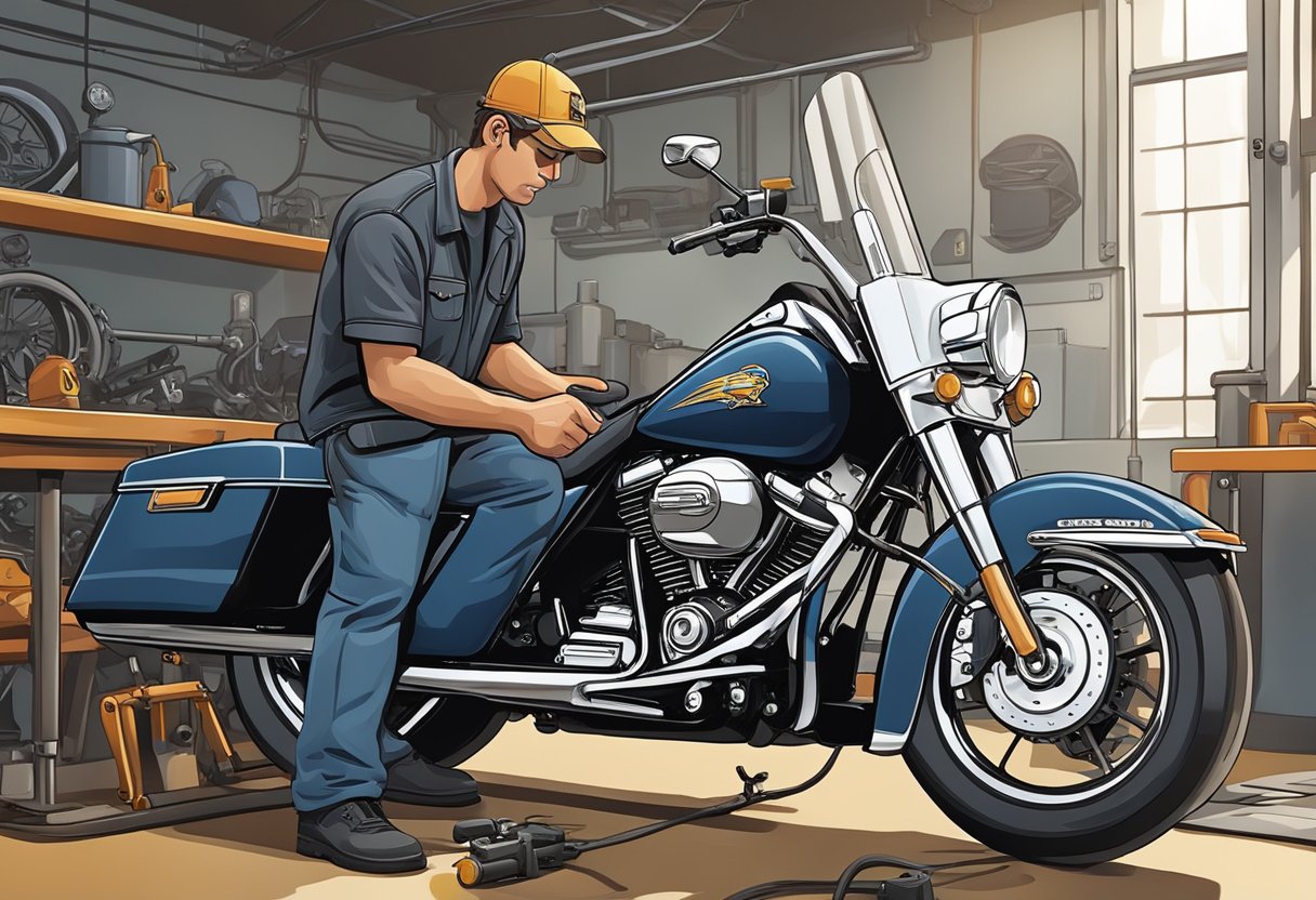 A mechanic checks the primary oil level on a Road King motorcycle using a dipstick, with the bike parked on a clean, well-lit workbench
