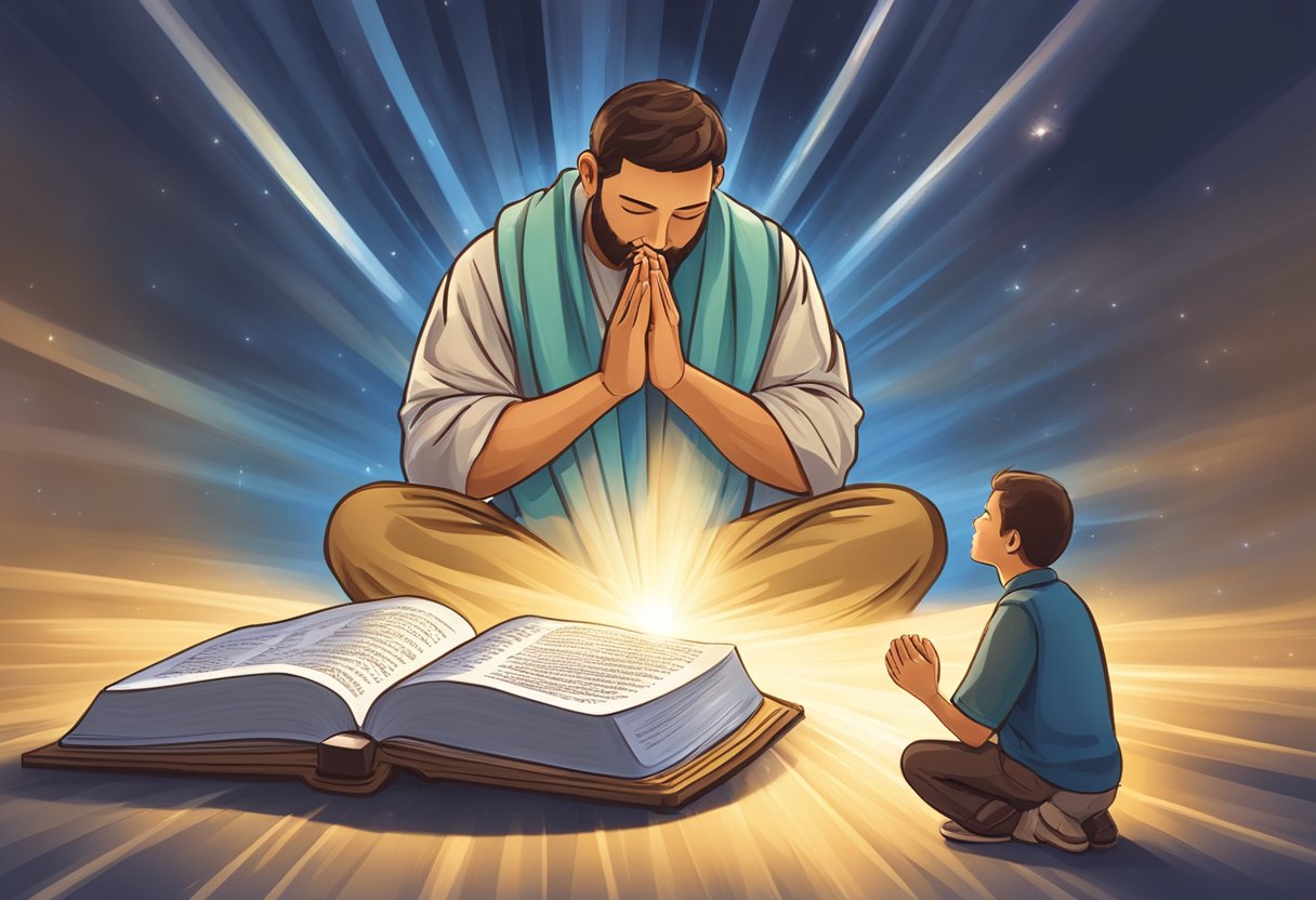 A figure kneels in prayer, surrounded by rays of light, with an open Bible and a list of "50 Prayer Points for Breakthrough in Your Ministry" in front of them