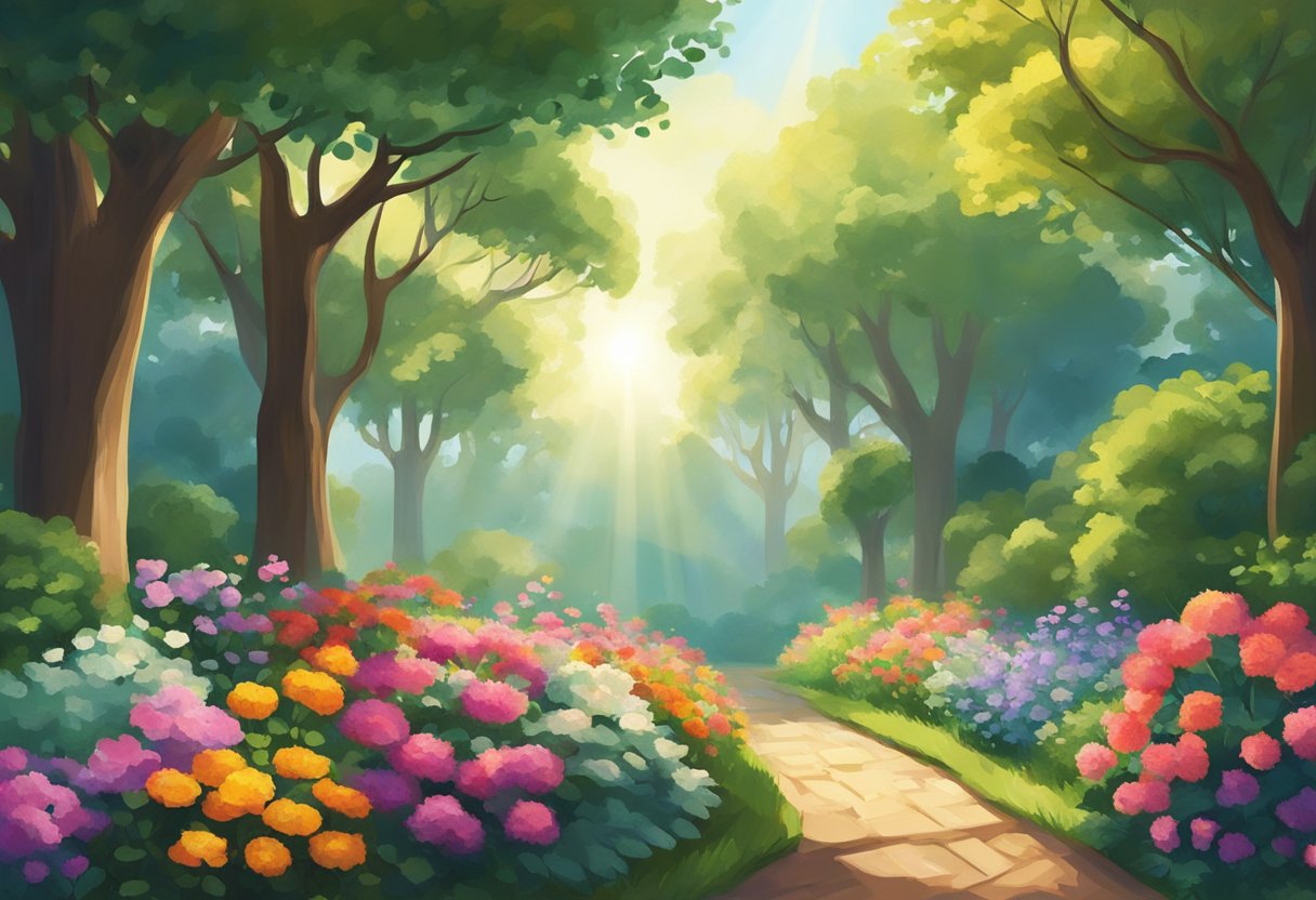 A lush garden with vibrant flowers and tall, strong trees reaching towards the sky. Sunlight streaming through the leaves, creating a sense of peace and spiritual growth
