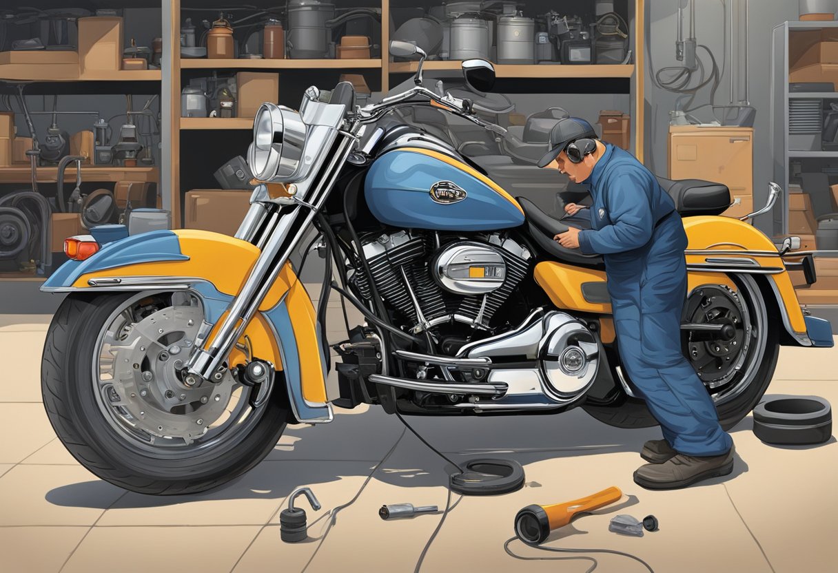A mechanic inspecting a Road King motorcycle's primary oil system for leaks and wear, using tools and diagnostic equipment