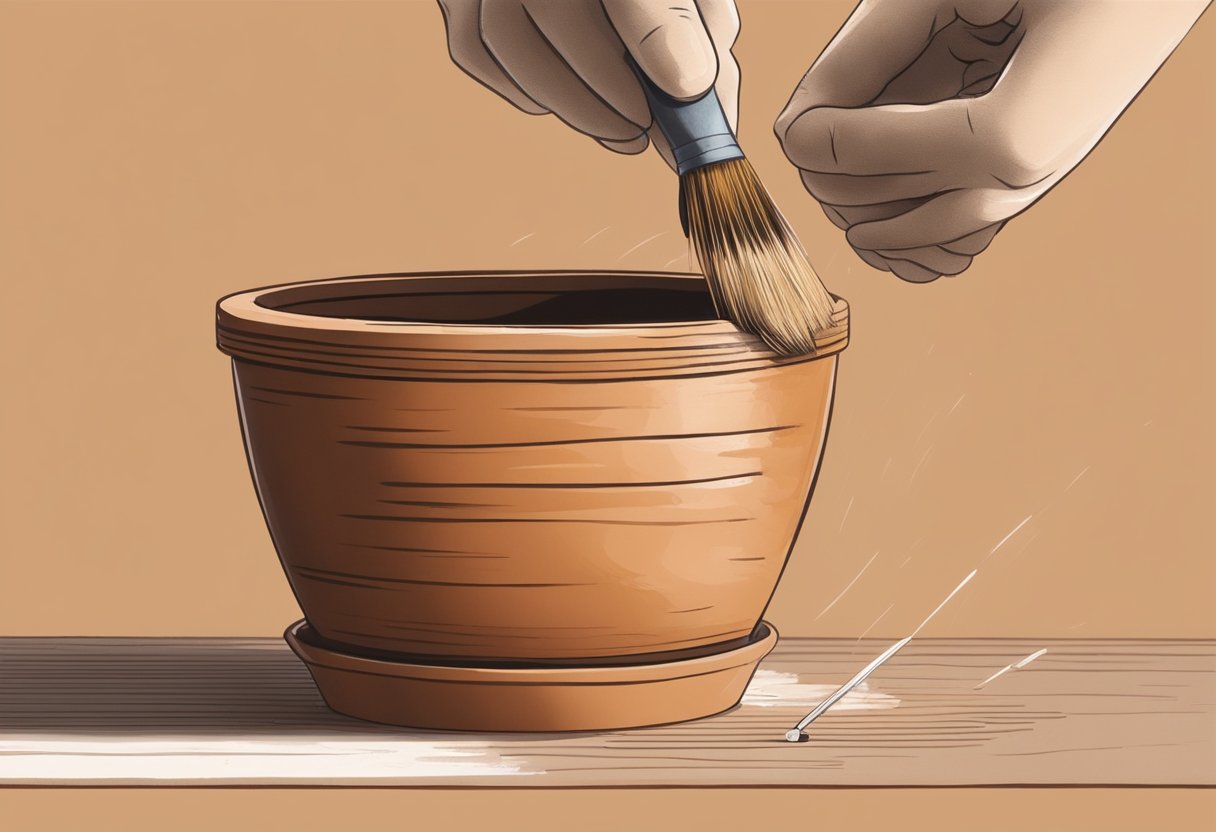 A terracotta pot sits on a flat surface. A person scrapes off flaking paint with a wire brush. The pot is then sanded and repainted