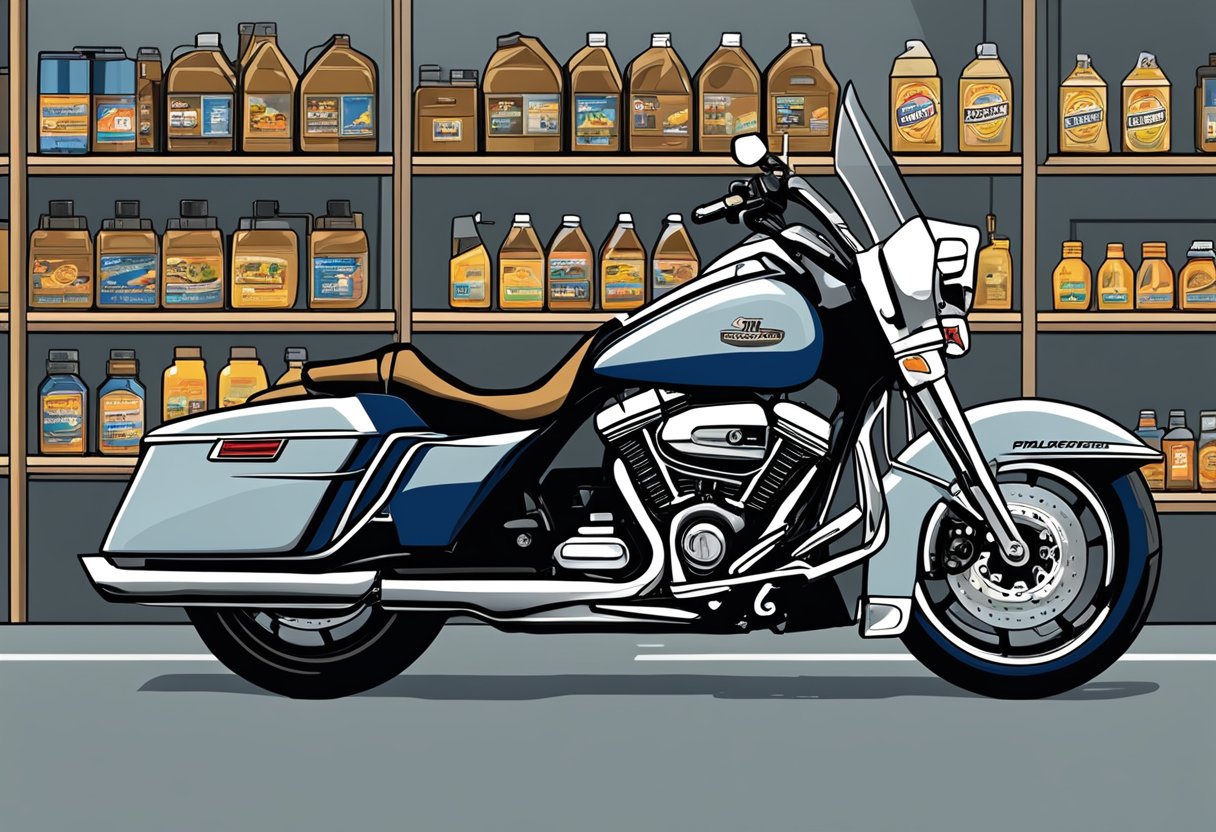 A rugged Road King motorcycle parked in front of a row of oil products on a shelf. The primary oil product is prominently displayed with clear labeling