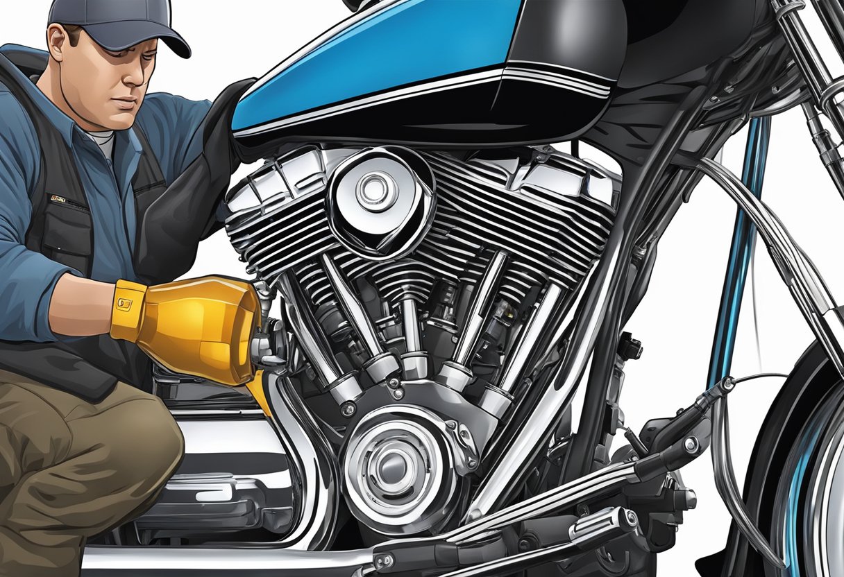 A mechanic pours primary oil into a Street Glide motorcycle engine