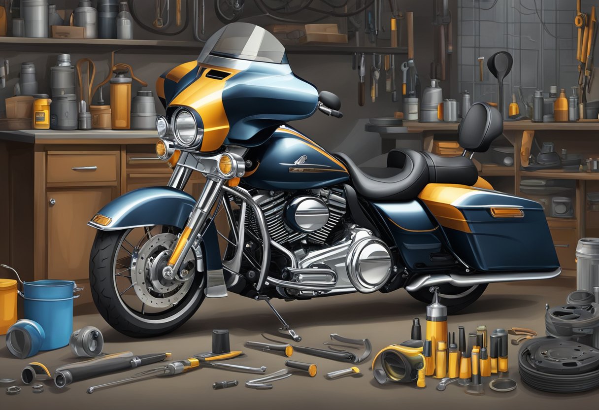 A Street Glide motorcycle with primary oil, surrounded by tools and equipment