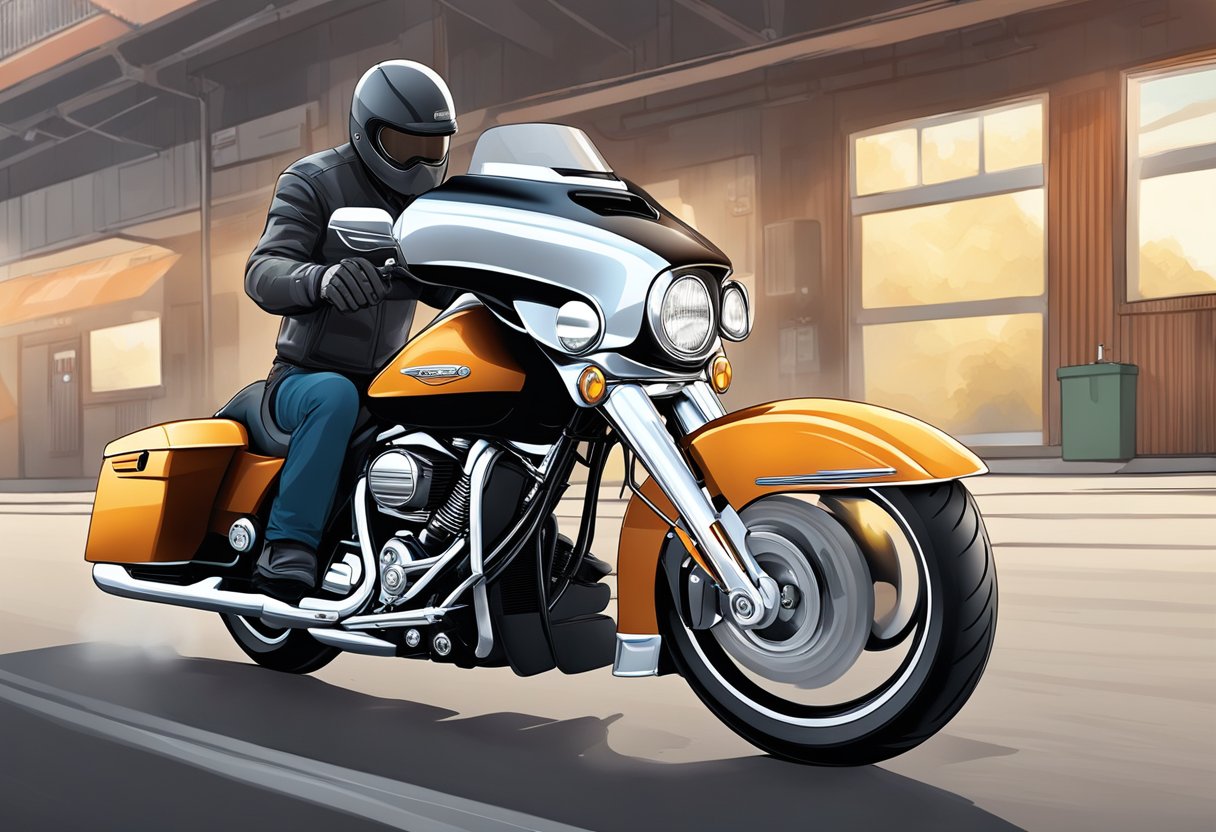 A Street Glide motorcycle with Optimizing Performance primary oil being poured into the engine by a mechanic