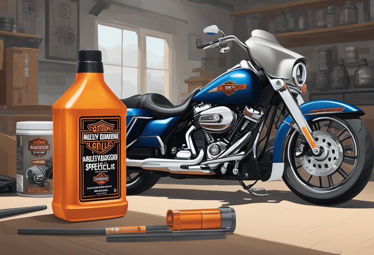 A bottle of Harley-Davidson Specifics primary oil sits on a workbench next to a Street Glide motorcycle. The oil container is prominently displayed, with the motorcycle in the background