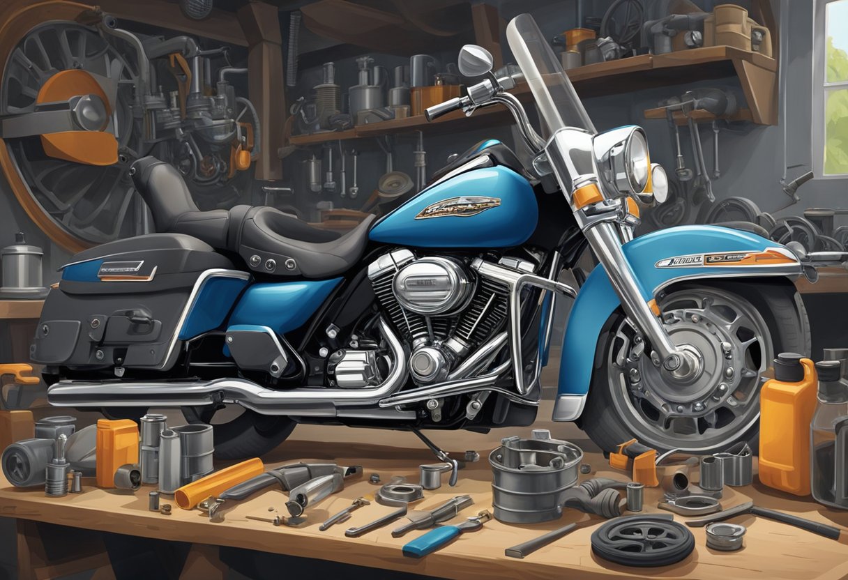 A mechanic pours primary oil into an Electra Glide engine, with tools and parts scattered around the workshop