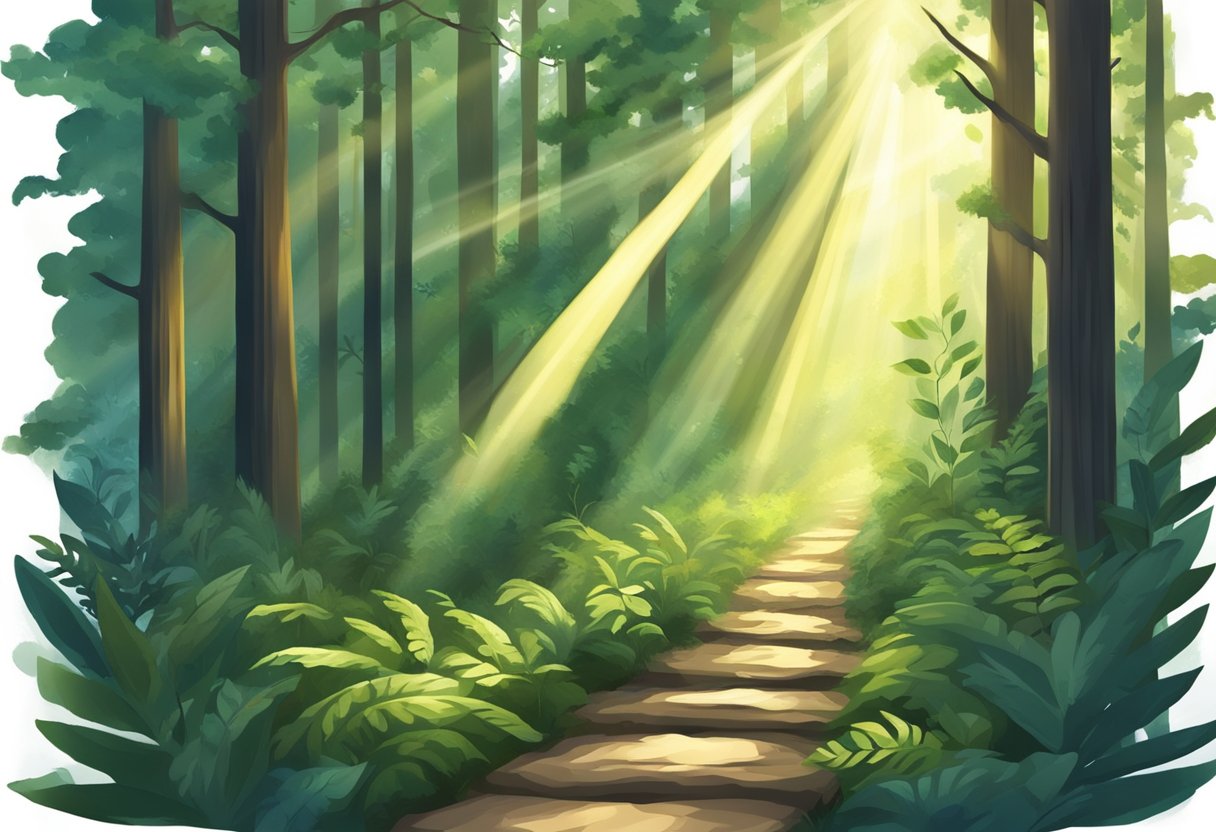 A beam of light shines down on a path through a forest, symbolizing divine guidance for a business journey