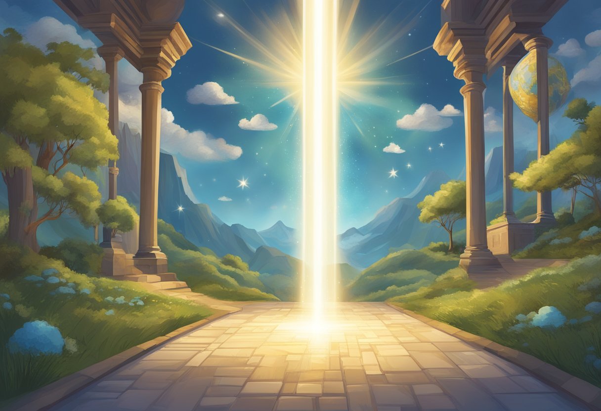 A beam of light shines down onto a path, surrounded by symbols of success and growth, while a map of the world hovers in the background