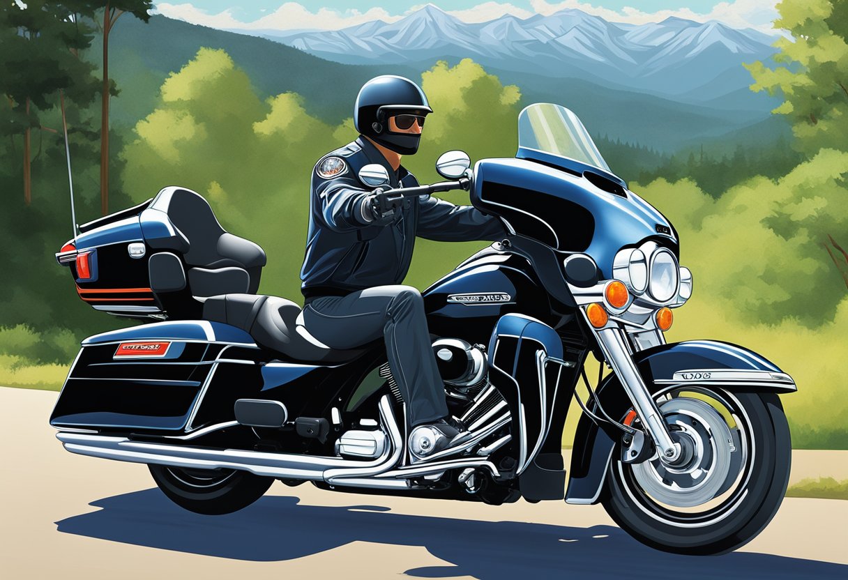 A sleek Electra Glide motorcycle sits on a winding road, surrounded by lush greenery. The primary oil is prominently displayed, with a backdrop of clear blue skies and distant mountains