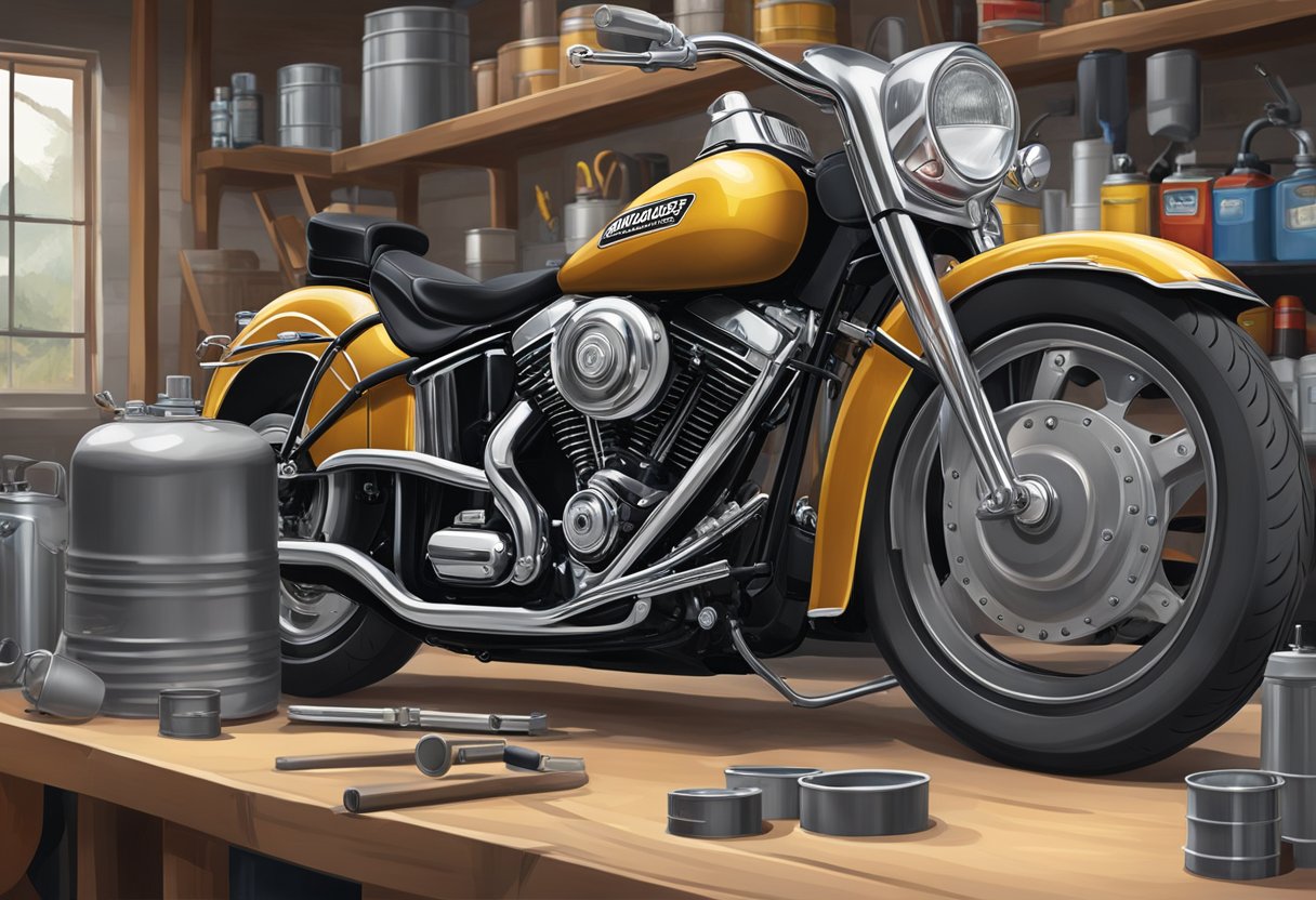 Electra Glide oil can in a workshop setting with clear technical specs visible