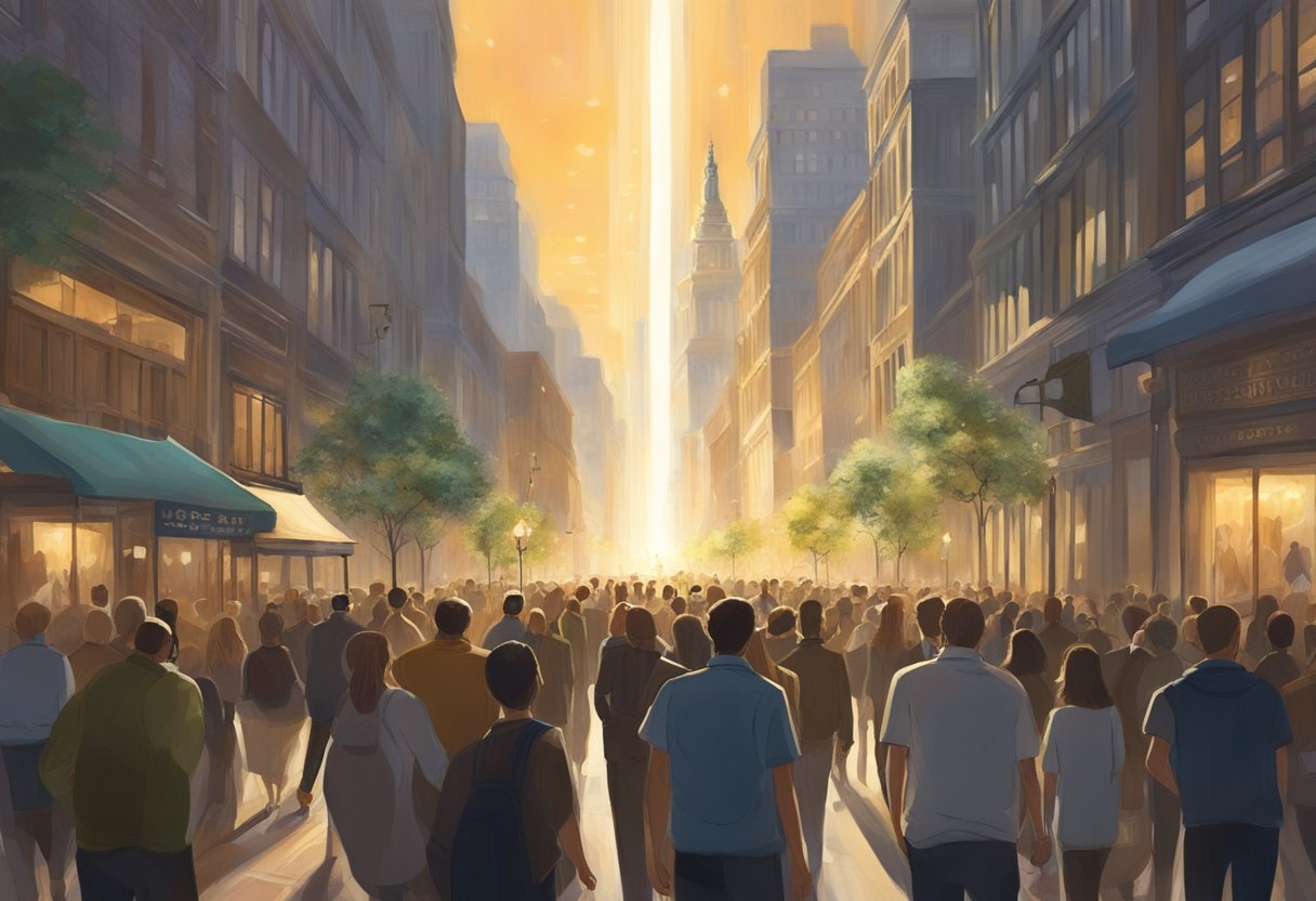 A beam of light shines down onto a bustling city street, illuminating a path through the chaos. The buildings and people seem to part ways, creating a clear and divine direction for the viewer to follow
