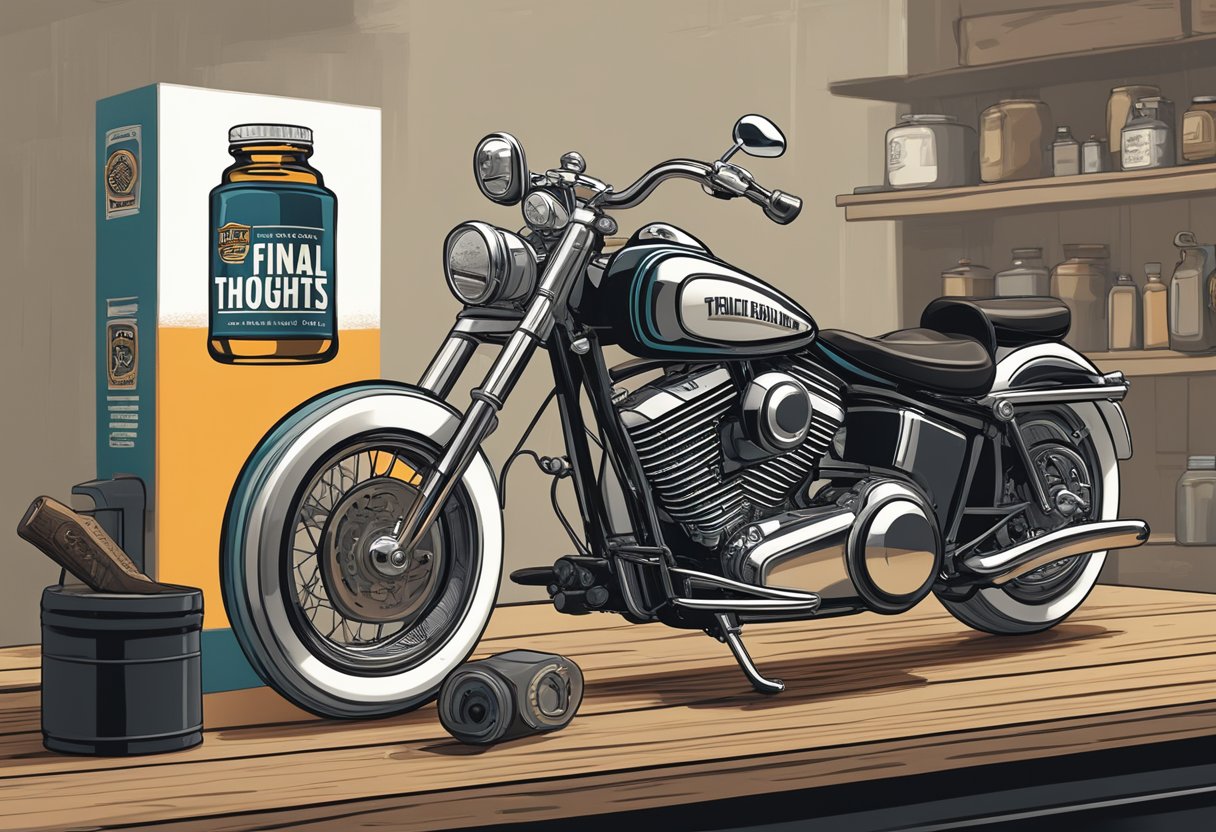 A bottle of Final Thoughts primary oil sits on a workbench next to an Electra Glide motorcycle. The label features bold, vintage-inspired typography and a sleek, metallic design