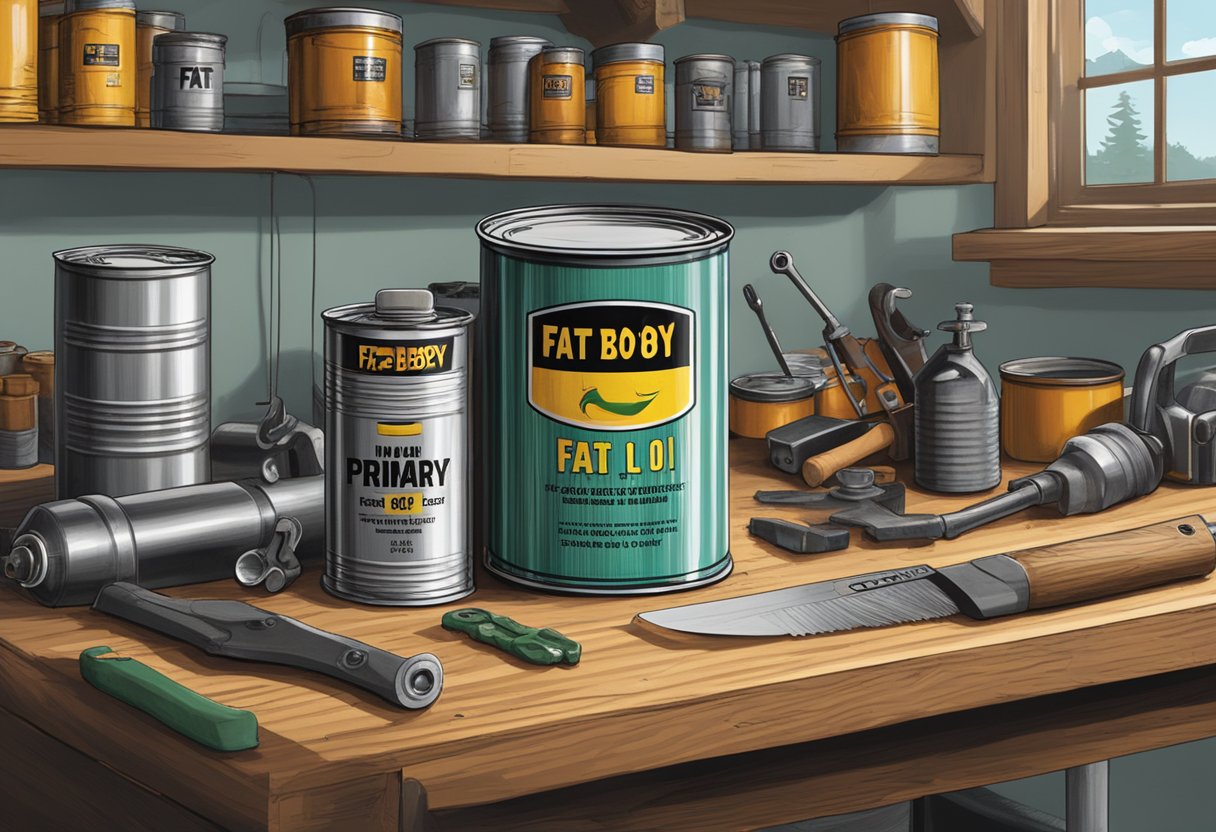 A large, open can of primary oil sits on a workbench, surrounded by tools and machinery. The label reads "Fat Boy" in bold, black lettering