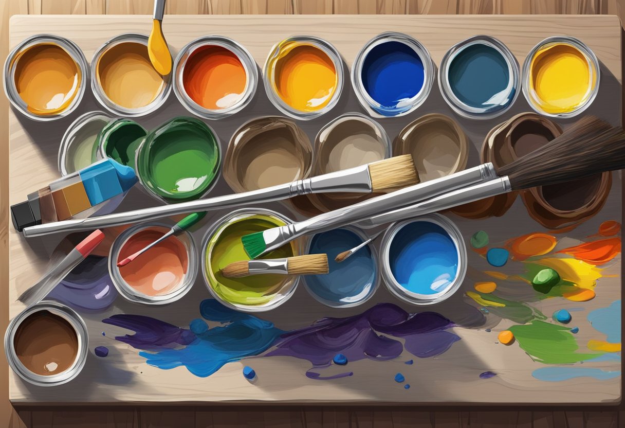 A paint palette with tubes of primary oil colors sits on a wooden table, next to brushes and a canvas ready for Fat Boy's creation