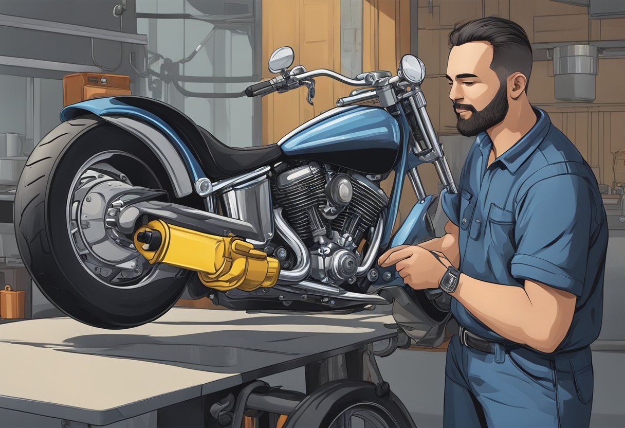 A mechanic pours primary oil into a Fat Boy motorcycle, checking for leaks and troubleshooting any issues