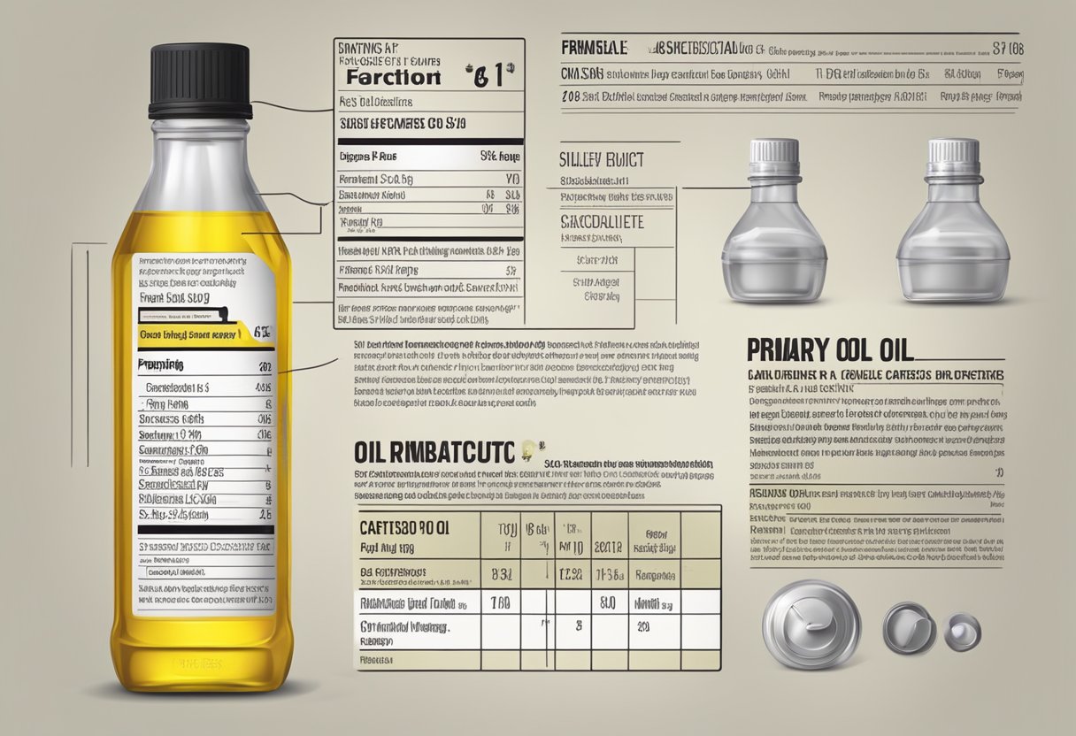 A clear, labeled bottle of primary oil for Fat Boy, with fluid capacities and specifications listed on the packaging